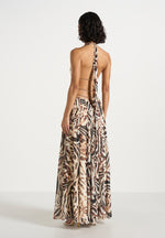June - Chain Belt Cut-Out Georgette Halter Maxi Dress - Animal