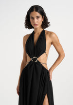 June - Chain Belt Cut-Out Georgette Halter Maxi Dress - Black
