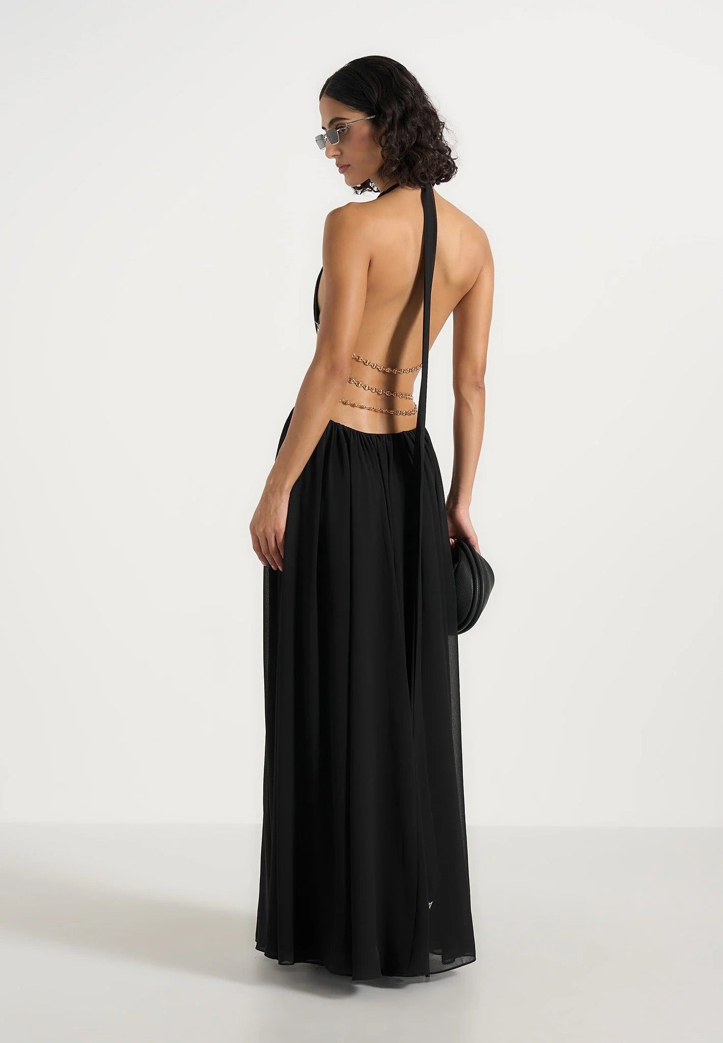 June - Chain Belt Cut-Out Georgette Halter Maxi Dress - Black 