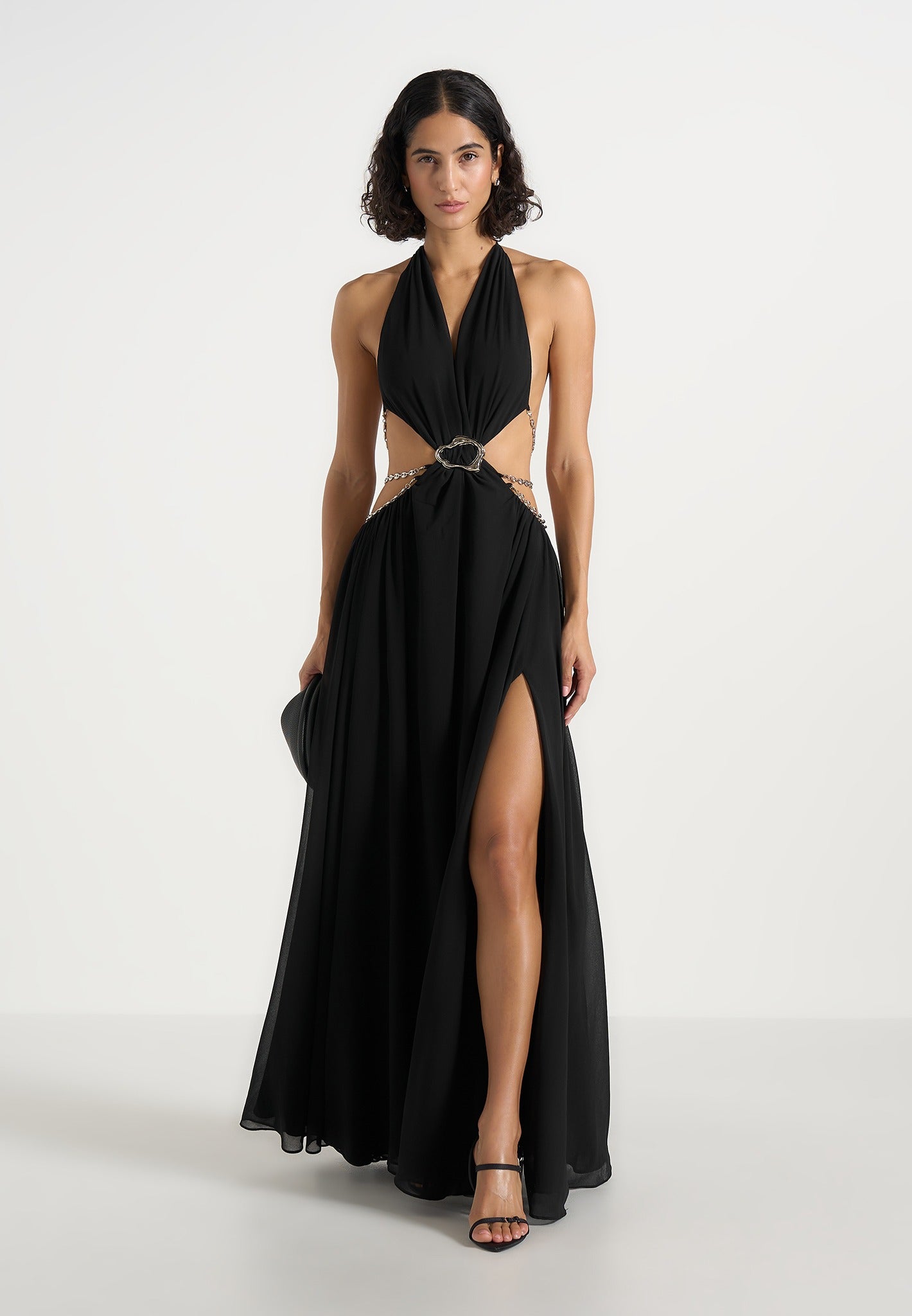 June - Chain Belt Cut-Out Georgette Halter Maxi Dress - Black 