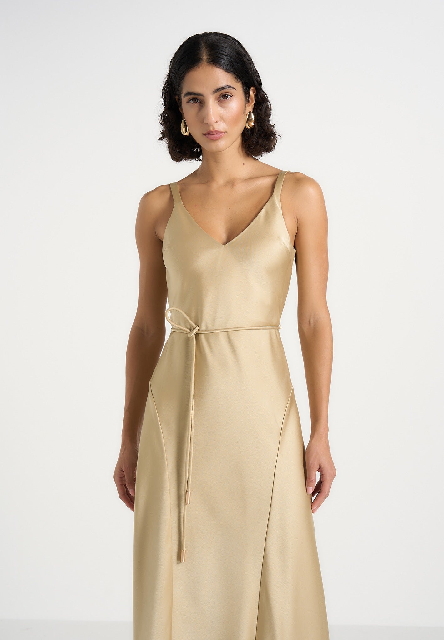 Saffron - Satin Belted Maxi Dress - Gold