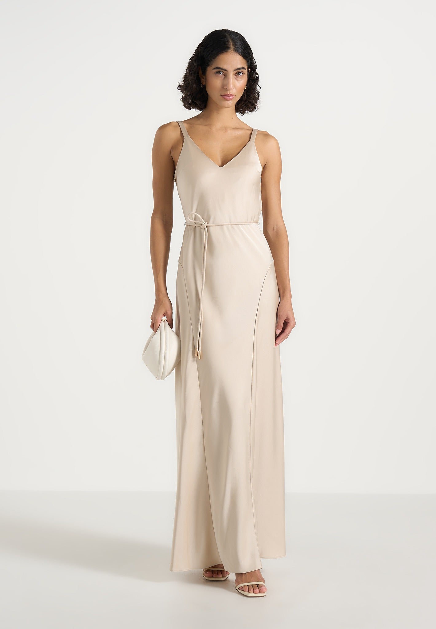 Saffron - Satin Belted Maxi Dress - Champagne 