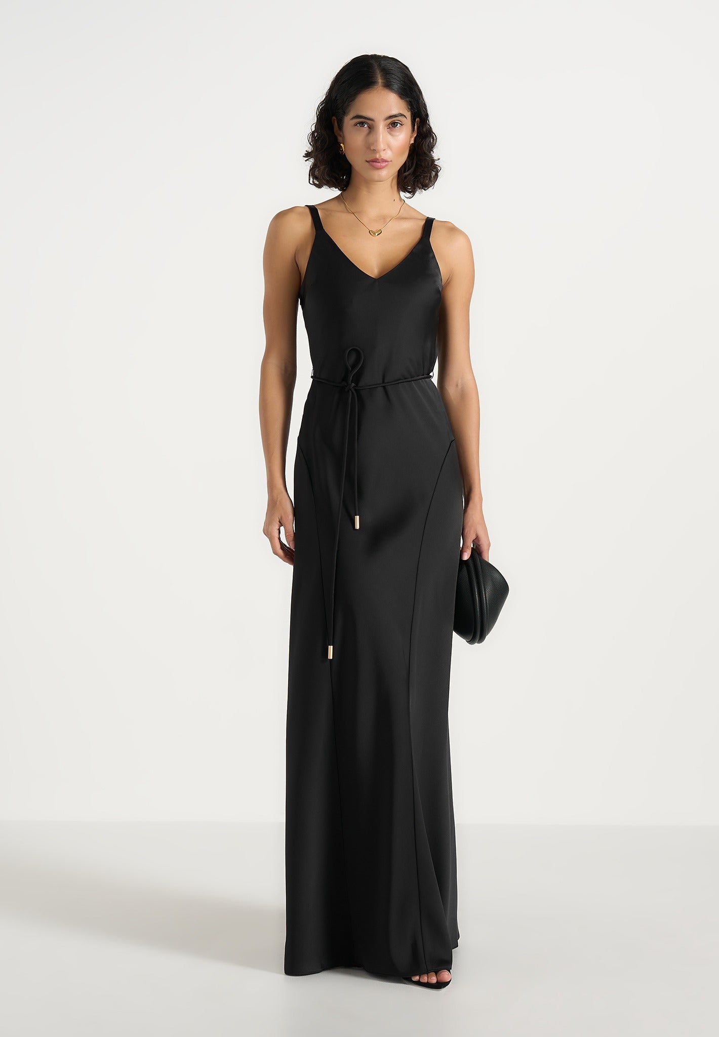 Saffron - Satin Belted Maxi Dress - Black 