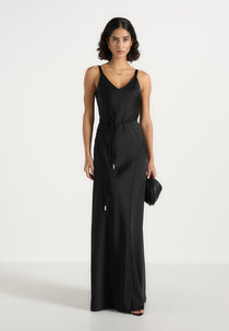 Saffron - Satin Belted Maxi Dress - Black