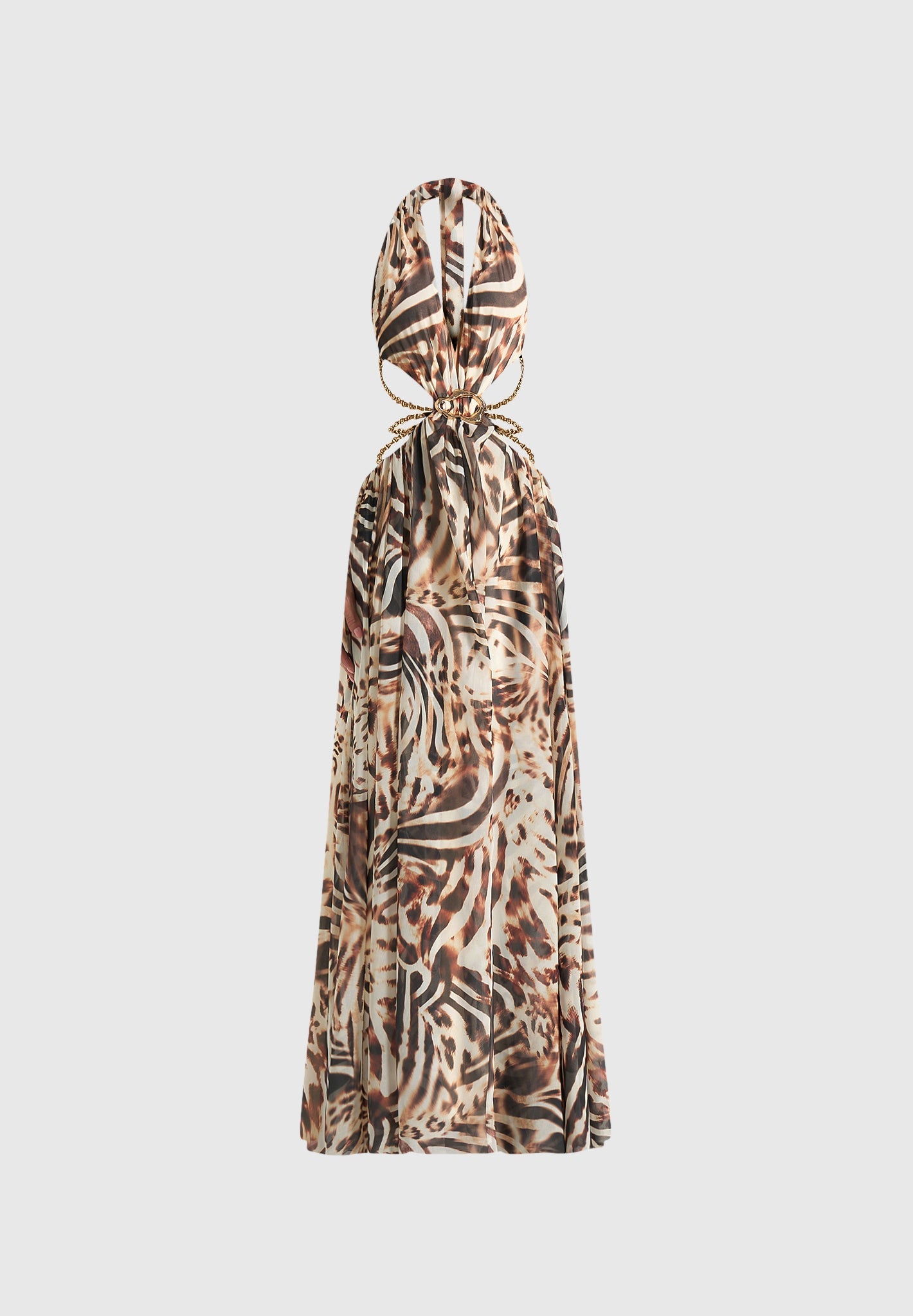 Women's Chain Belt Cut-Out Georgette Halter Maxi Dress - Beige/Brown - US 0 - June