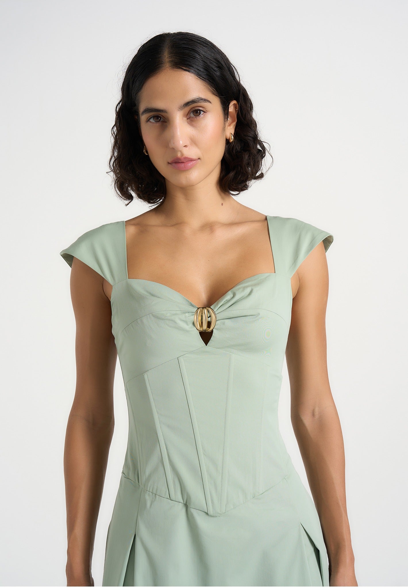 Faith - Cap Sleeve Corset Cotton Midi Dress - Sage 