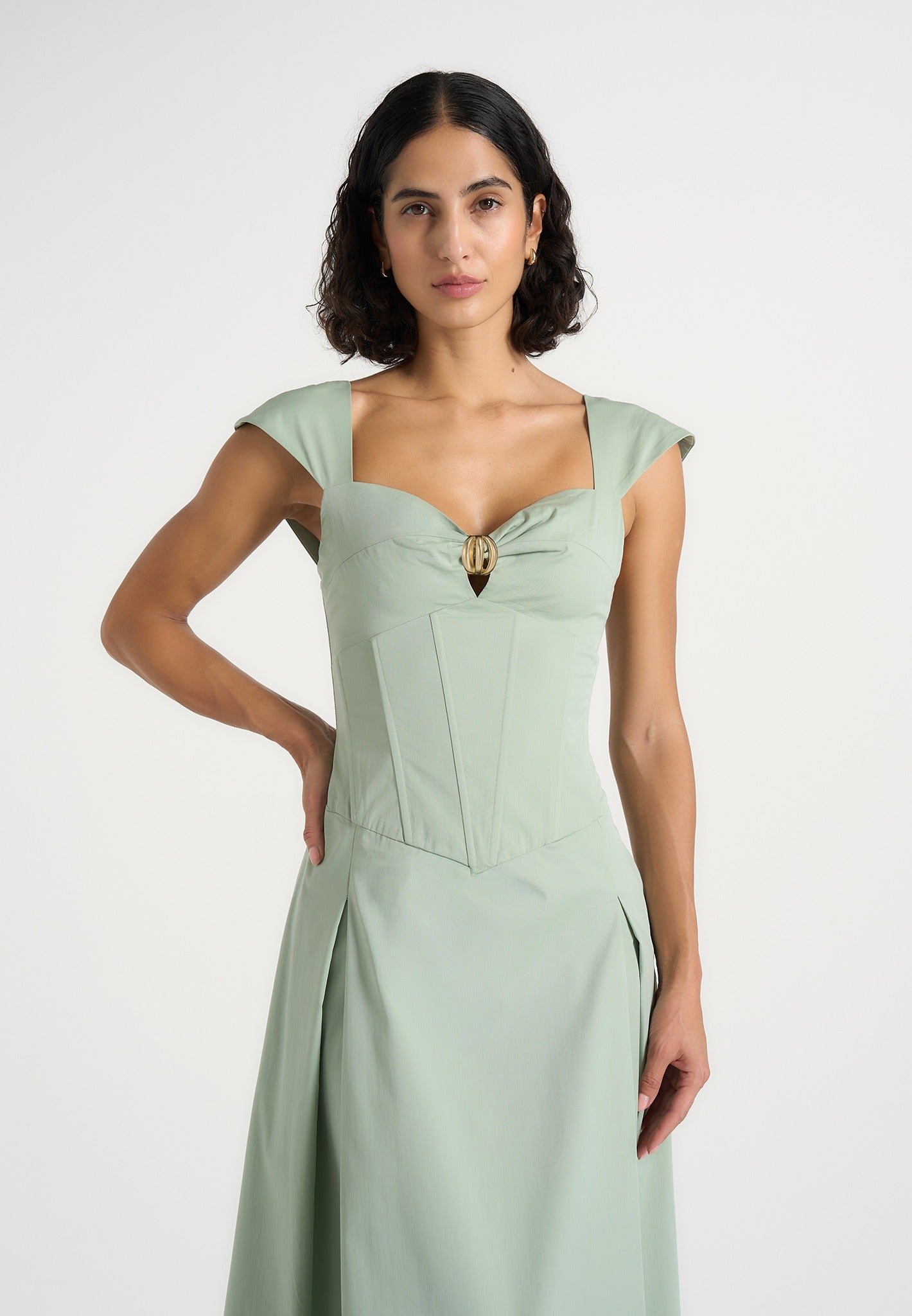Faith - Cap Sleeve Corset Cotton Midi Dress - Sage