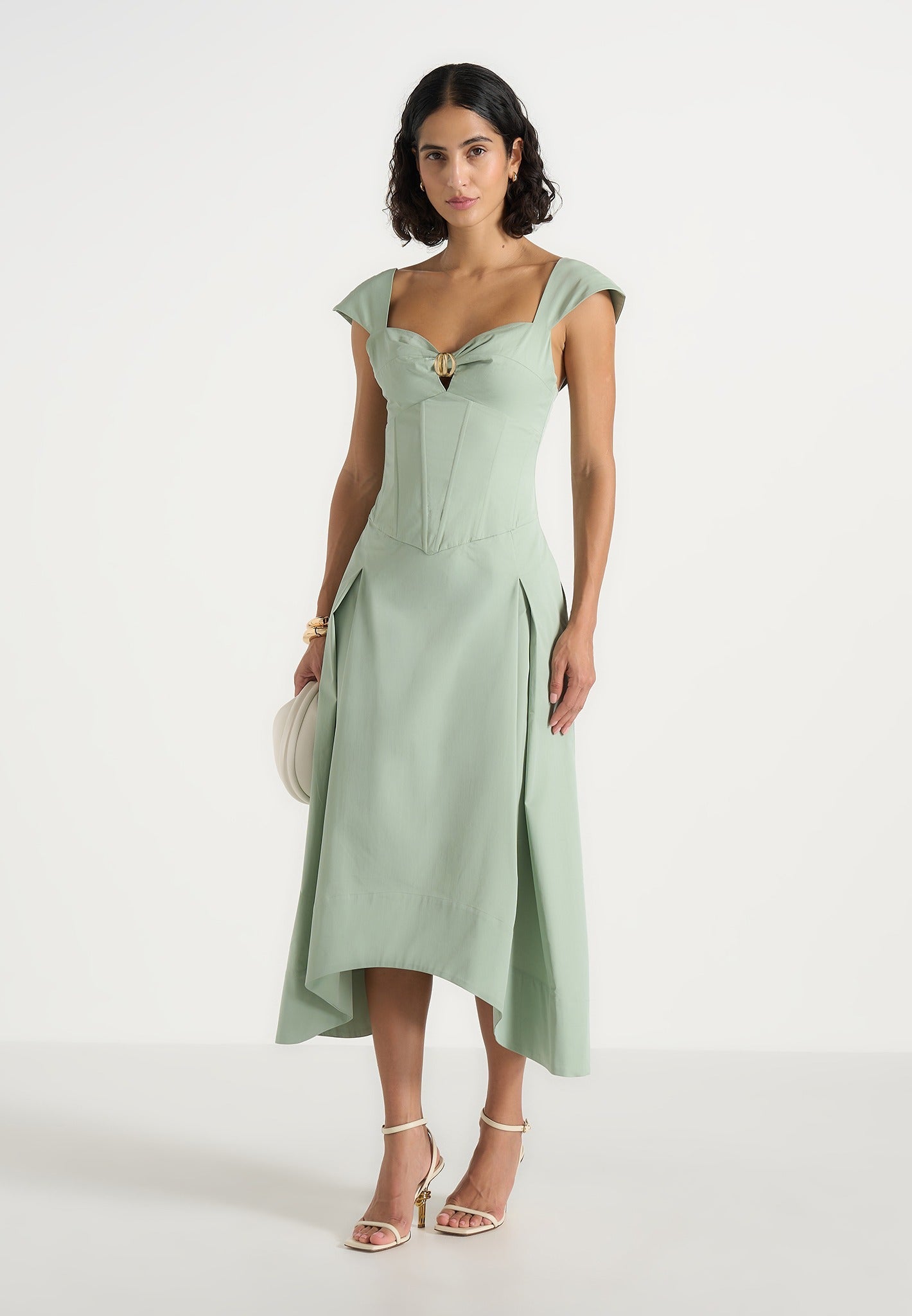 Faith - Cap Sleeve Corset Cotton Midi Dress - Sage 