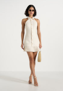Jasmine - Halterneck Pleated Mini Dress - Cream