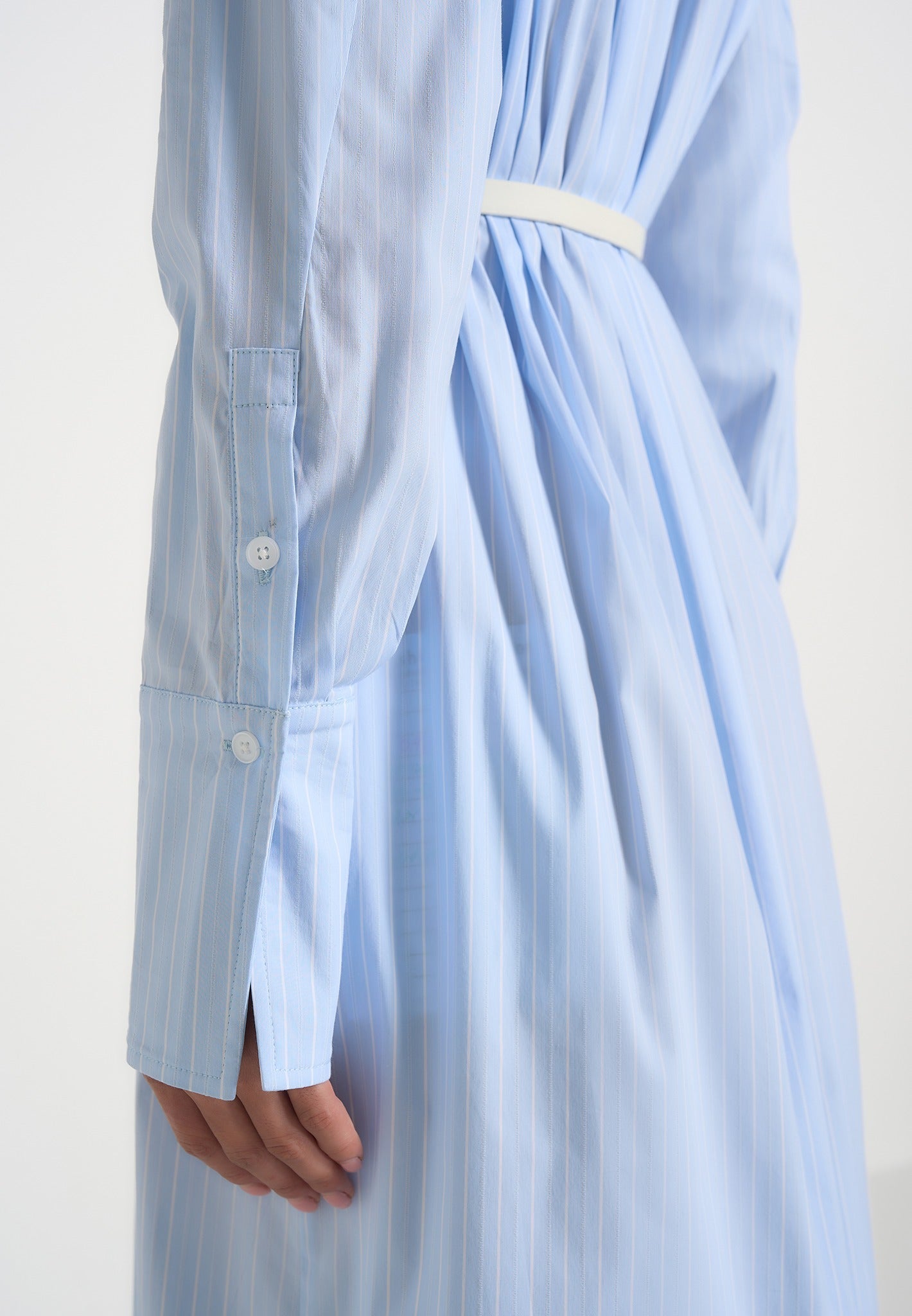 Isa - Belted Pinstripe Cotton Midi Shirt Dress - Pale Blue