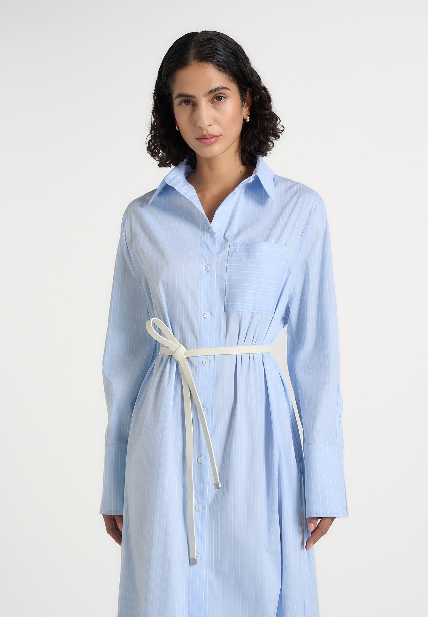Isa - Belted Pinstripe Cotton Midi Shirt Dress - Pale Blue 