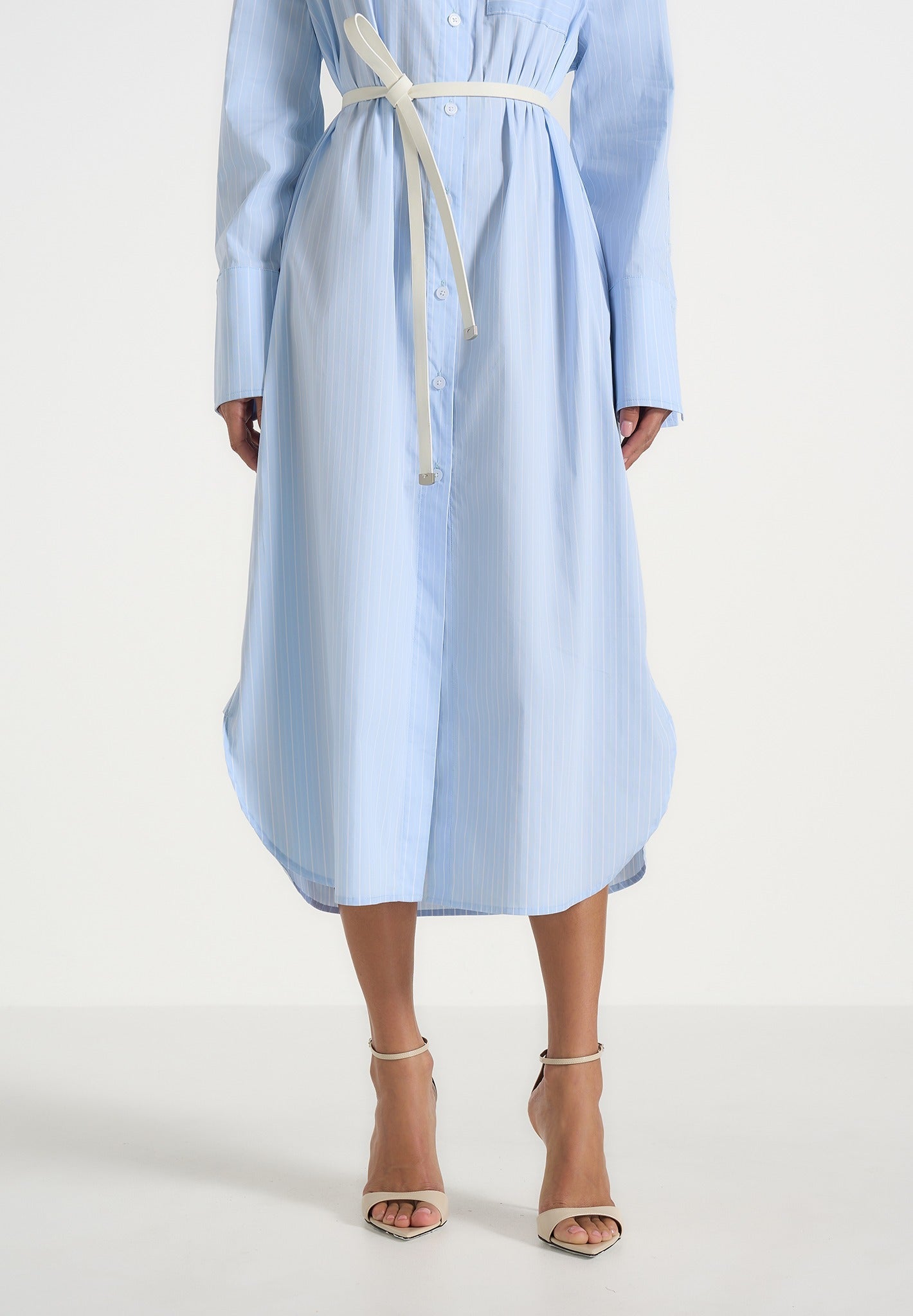Women's Belted Pinstripe Cotton Midi Shirt Dress - Pale Blue - US 8 - Isa