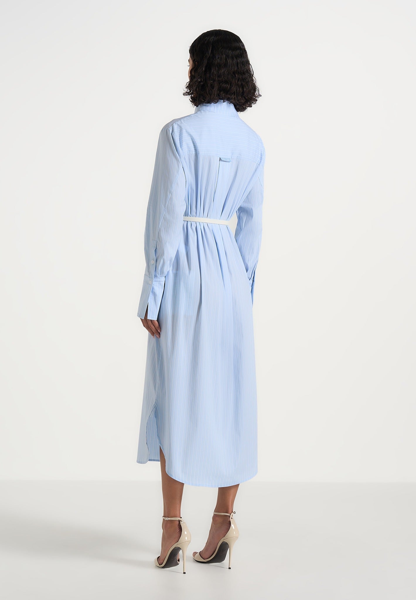 Isa - Belted Pinstripe Cotton Midi Shirt Dress - Pale Blue