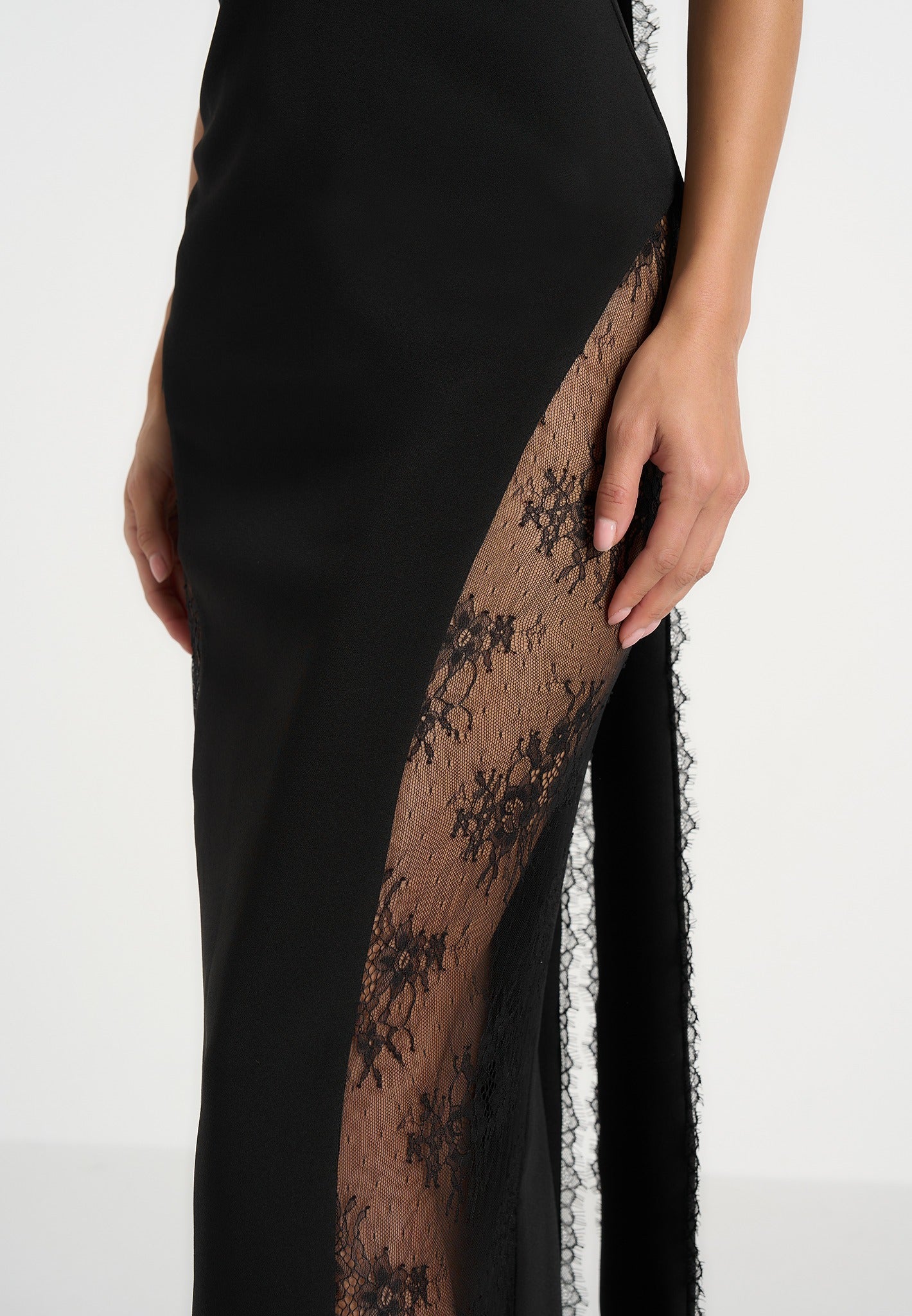 Jessica - Contour Lace Halter Drape Neck Maxi Dress - Black