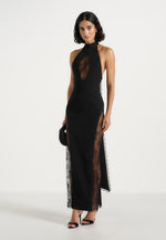 Jessica - Contour Lace Halter Drape Neck Maxi Dress - Black