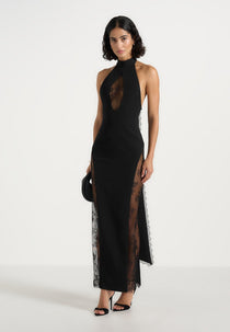 Jessica - Contour Lace Halter Drape Neck Maxi Dress - Black