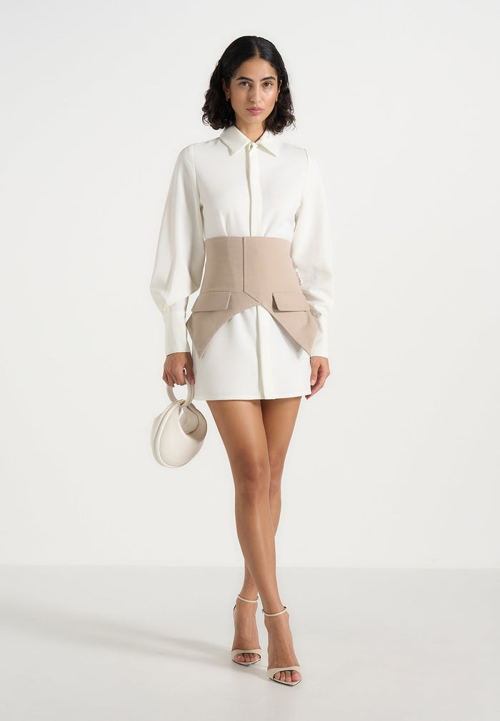 Keira - Corset Overlay Shirt Mini Dress - White/Taupe