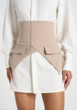 Keira - Corset Overlay Shirt Mini Dress - White/Taupe