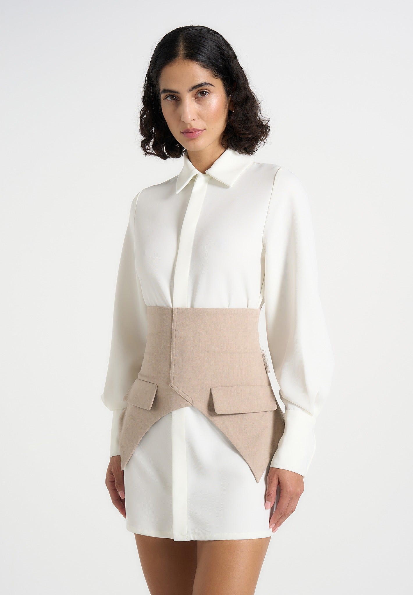 Keira - Corset Overlay Shirt Mini Dress - White/Taupe Keira - Corset Overlay Shirt Mini Dress - White/Taupe
