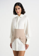 Keira - Corset Overlay Shirt Mini Dress - White/Taupe