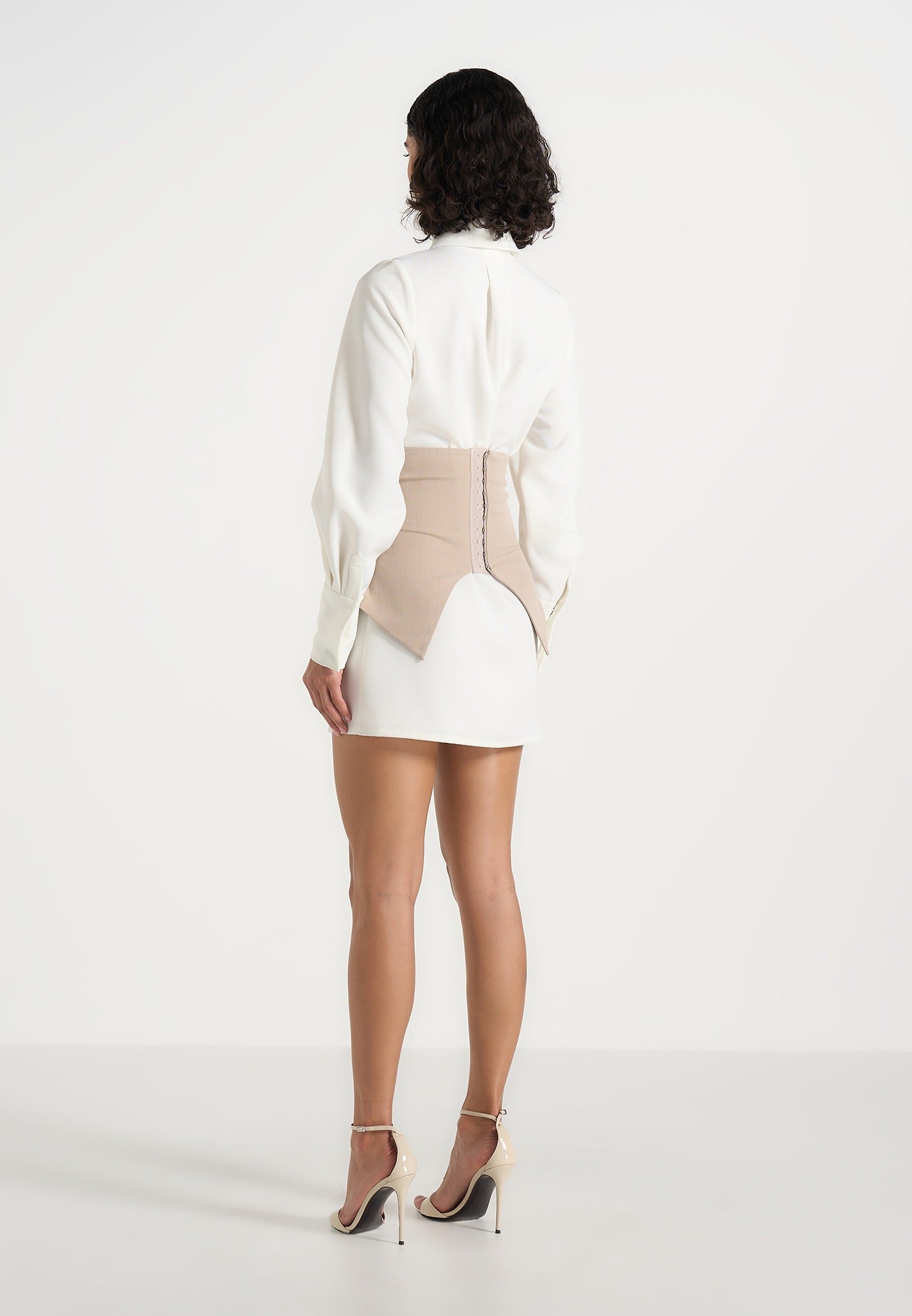 Keira - Corset Overlay Shirt Mini Dress - White/Taupe
