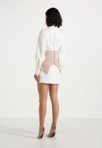 Keira - Corset Overlay Shirt Mini Dress - White/Taupe
