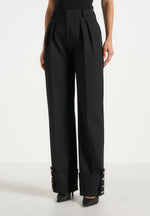 Darlene - Turn Up Detail Tailored Twin Pleat Pants - Black