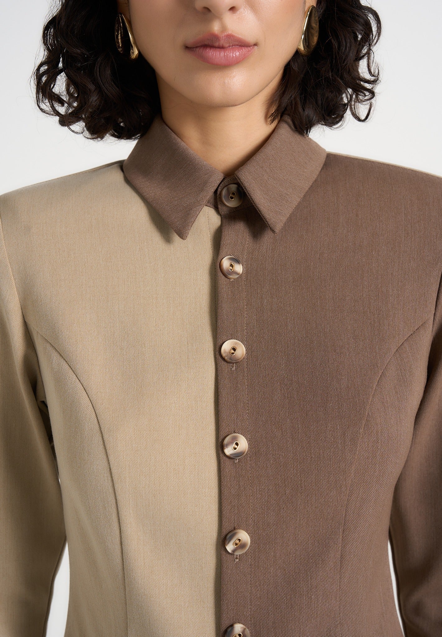 Sonia - Two Tone Tailored Shirt - Taupe/Brown