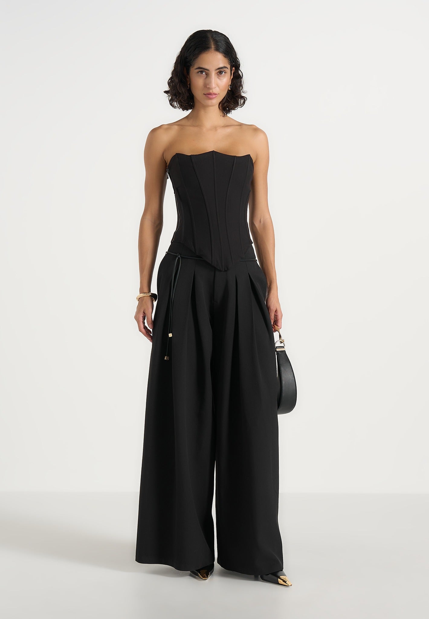Flora - Box Pleat Wide Leg Belted Pants - Black 