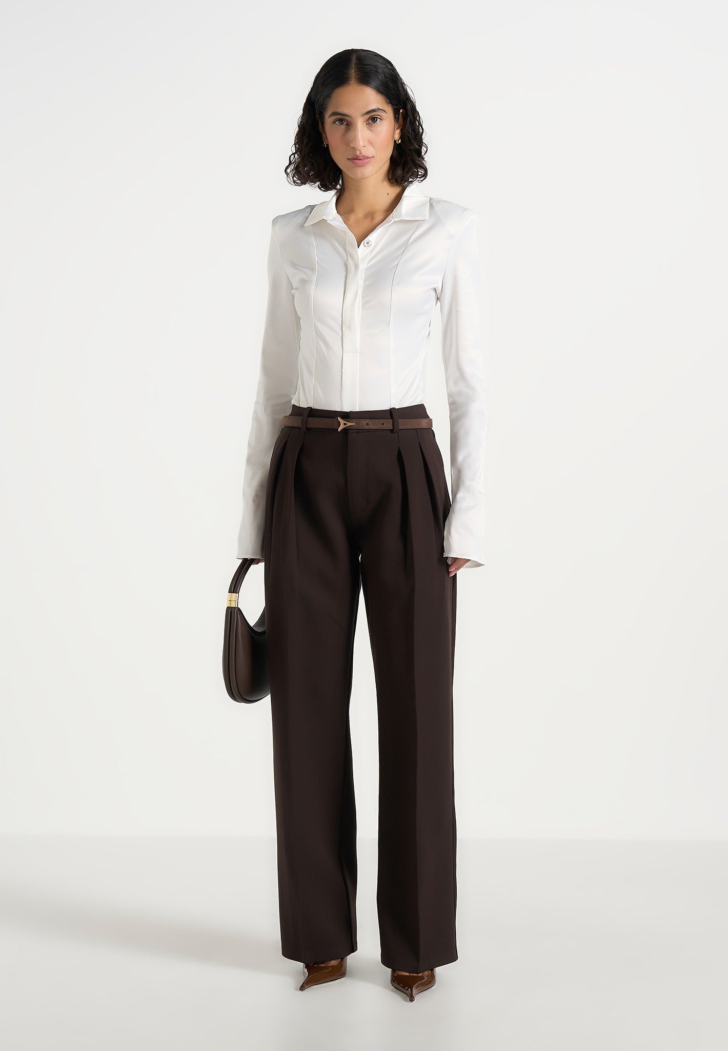 Julie - Tailored Twin Pleat Pants - Dark Brown 