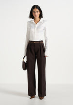 Julie - Tailored Twin Pleat Pants - Dark Brown