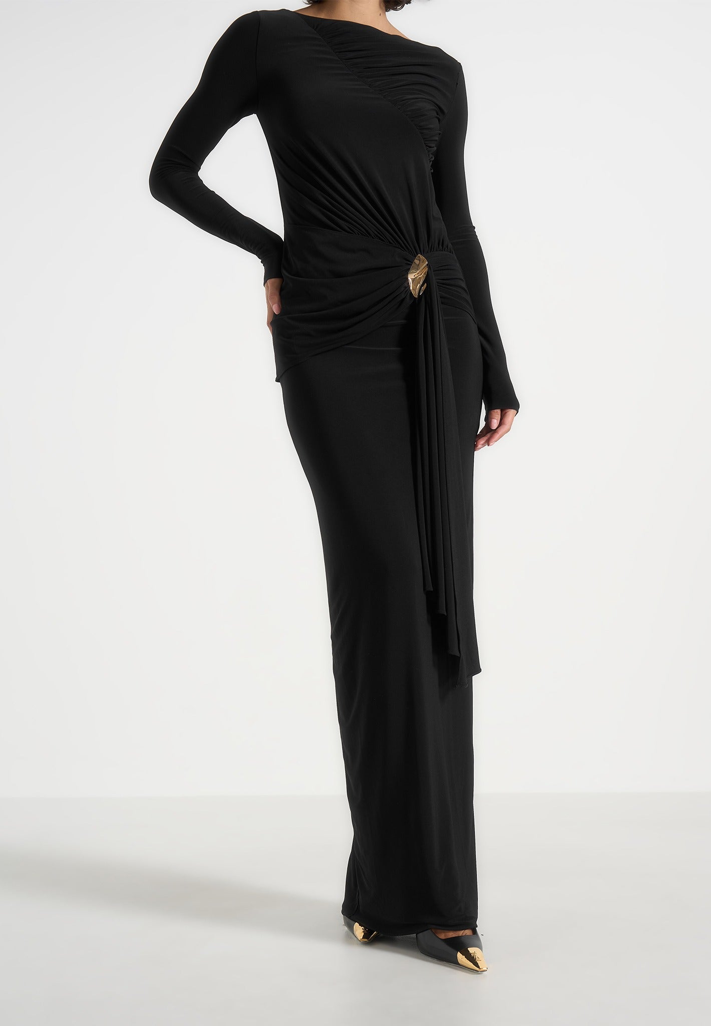 edena-asym-ruched-draped-maxi-dress-black