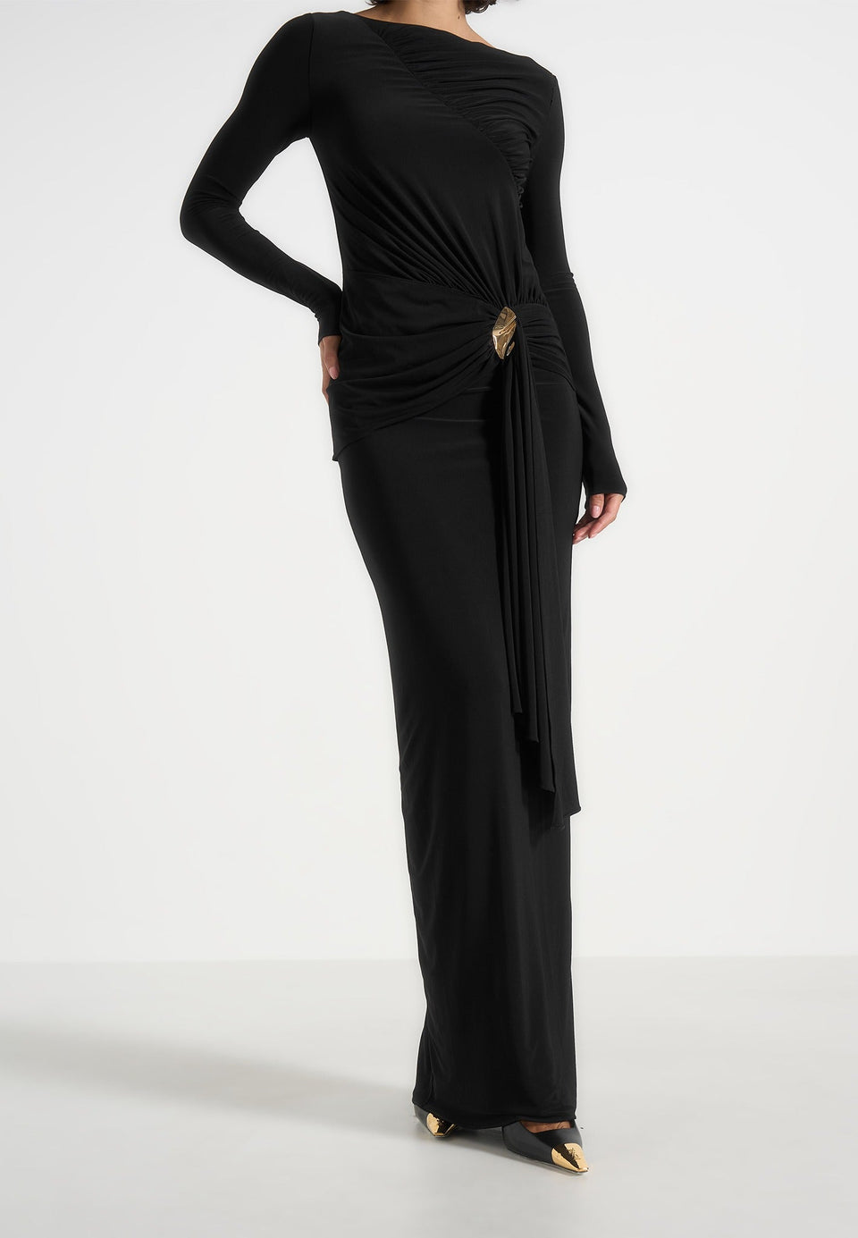 edena-asym-ruched-draped-maxi-dress-black