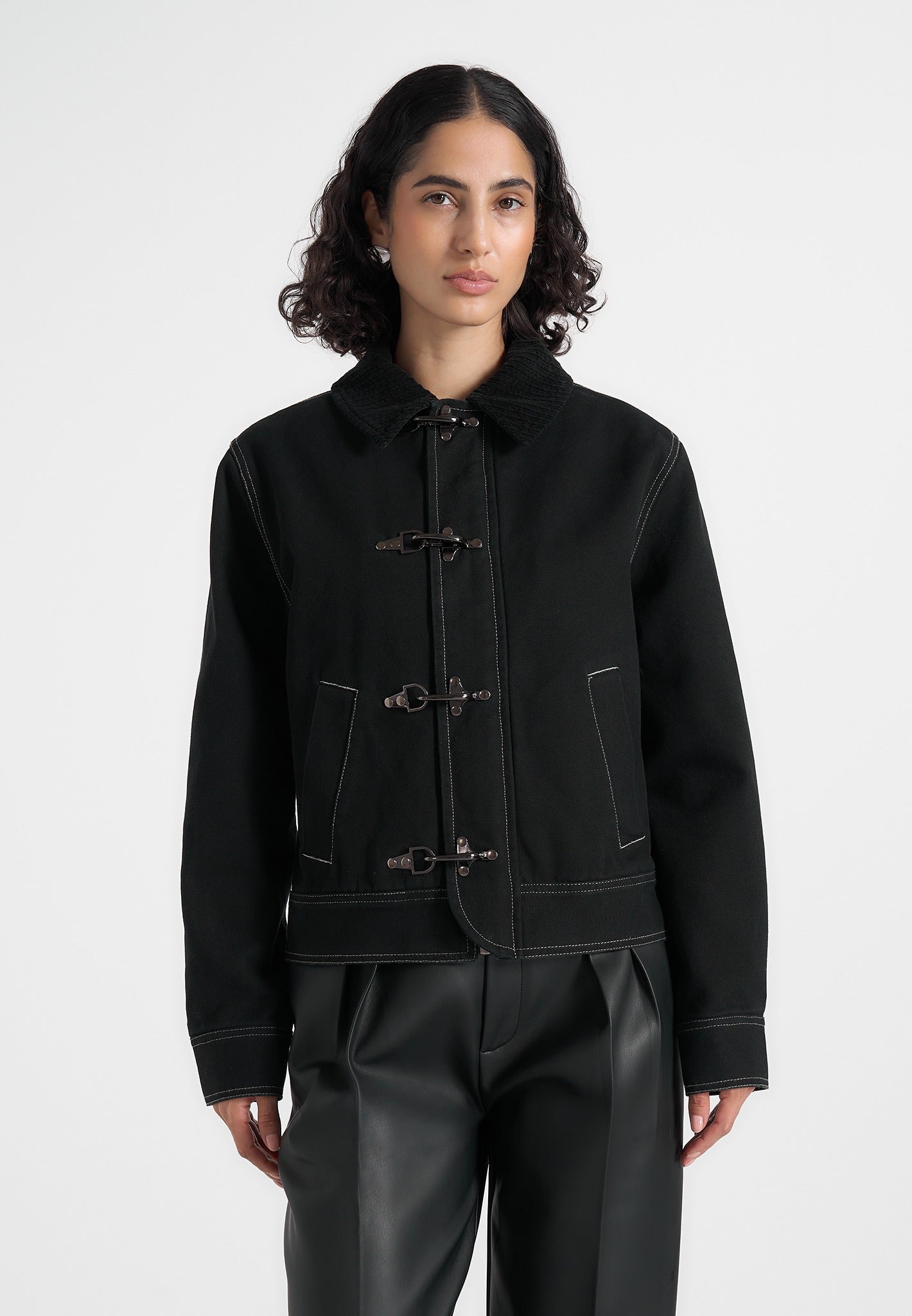 Nino - Clasp Detail Contrast Stitch Gabardine Jacket - Black