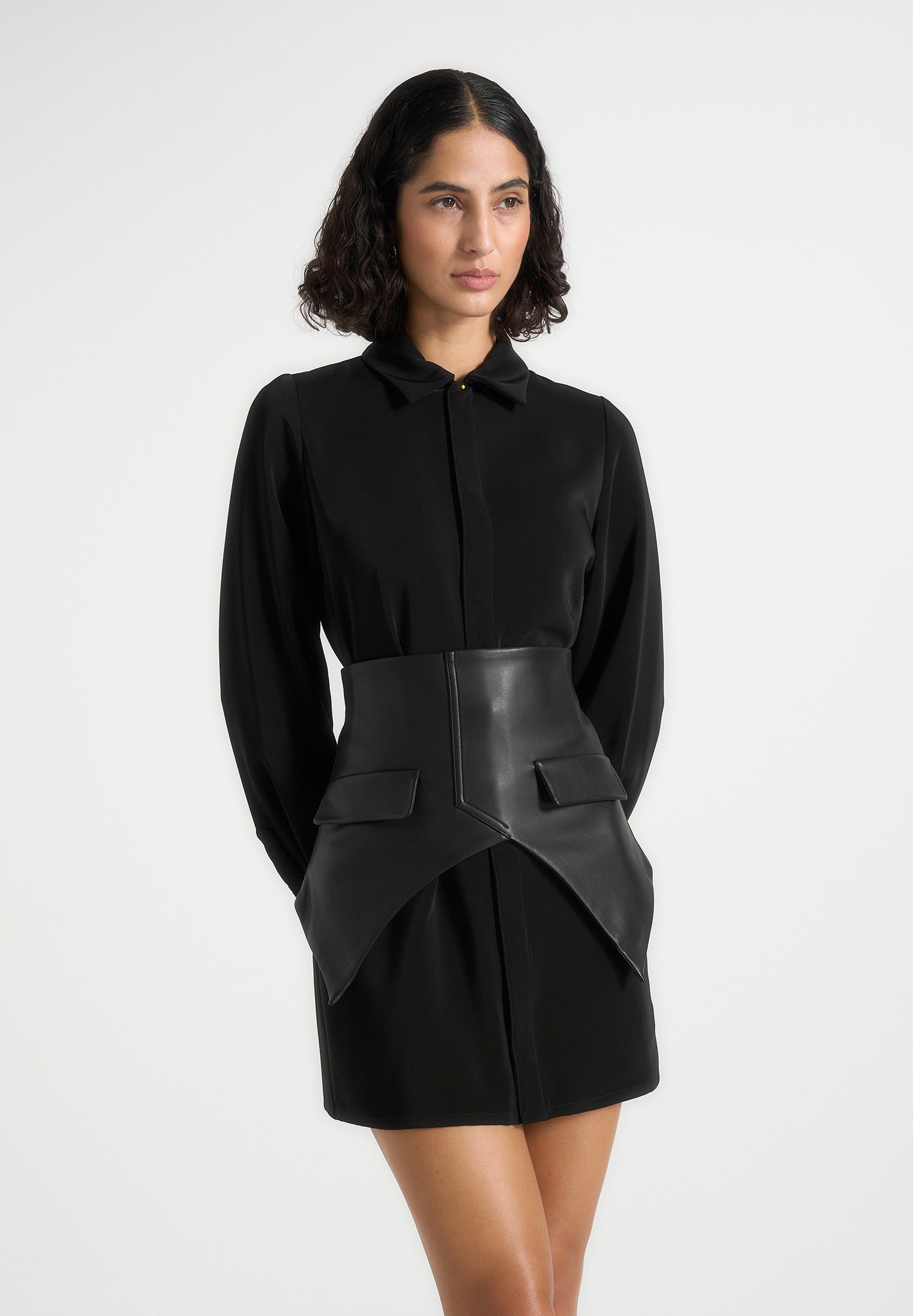 Women's Corset Overlay Shirt Mini Dress - Black - US 0 - Keira