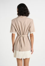 baya-tailored-cinch-waist-pleated-blazer-dress-beige