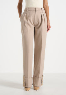 Darlene - Turn Up Detail Tailored Twin Pleat Pants - Beige