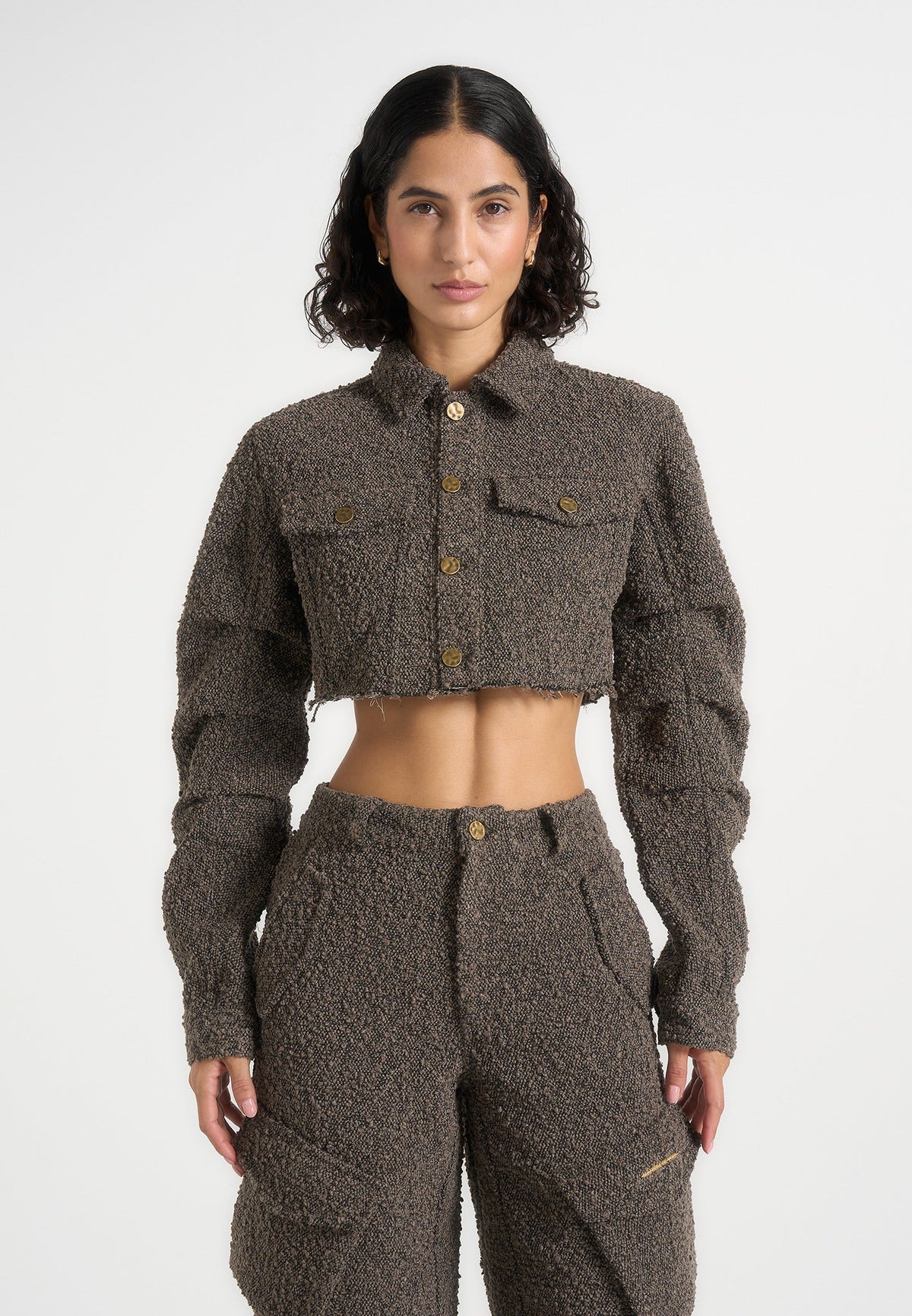 Catherine - Cropped Boucle Denim Jacket - Brown