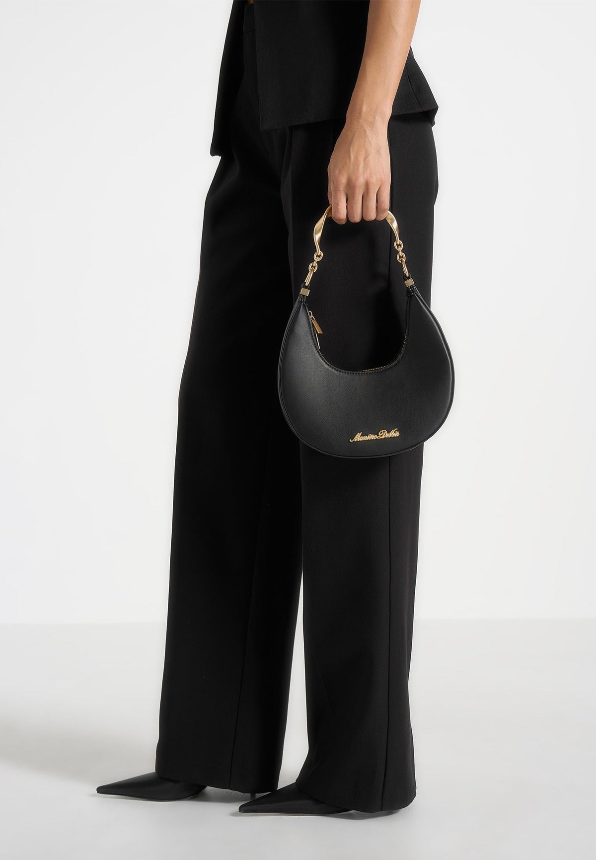 Sadie - Sculpted Leather Crescent Bag - Black
