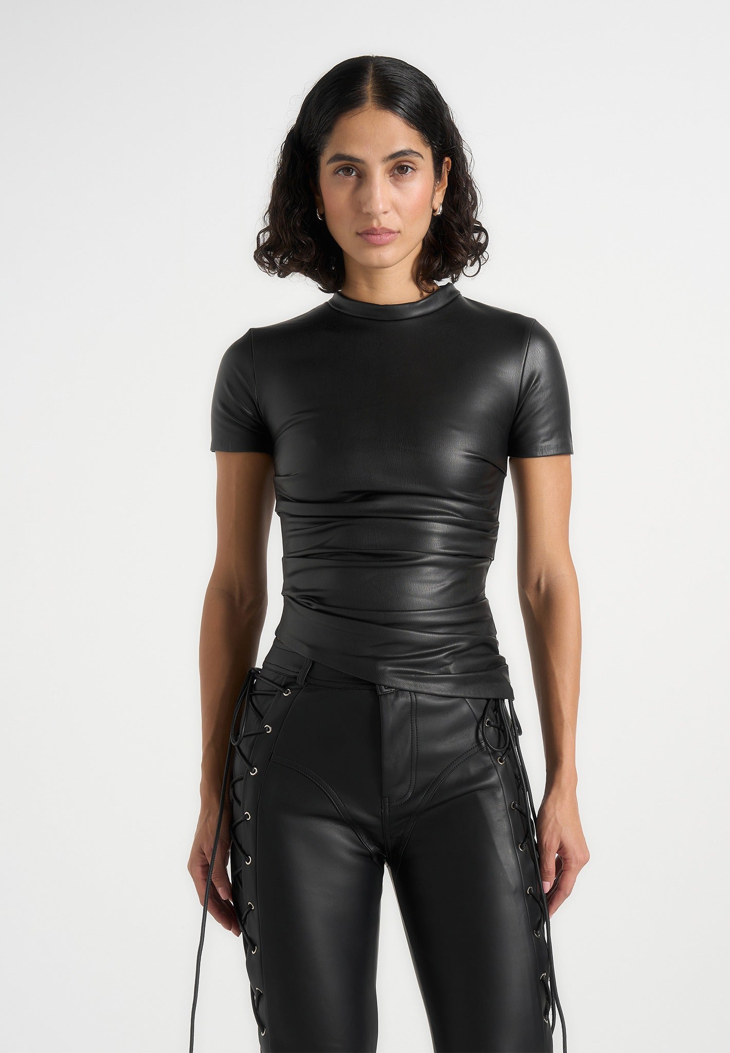 leather-ruched-t-shirt-black