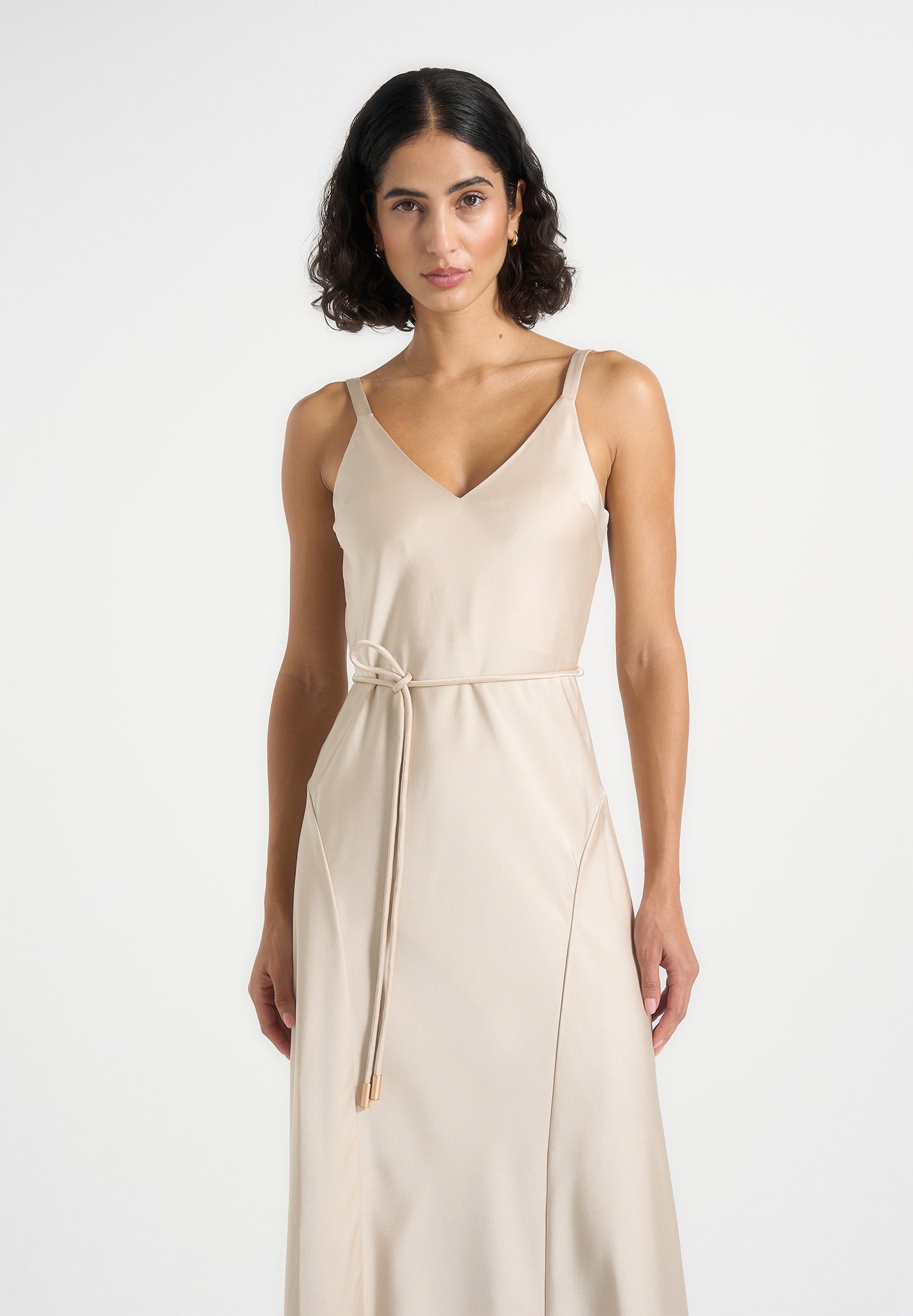 Women's Satin Belted Maxi Dress - Champagne - US 2 - Saffron