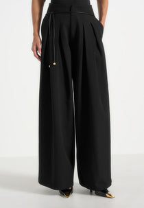 Flora - Box Pleat Wide Leg Belted Pants - Black