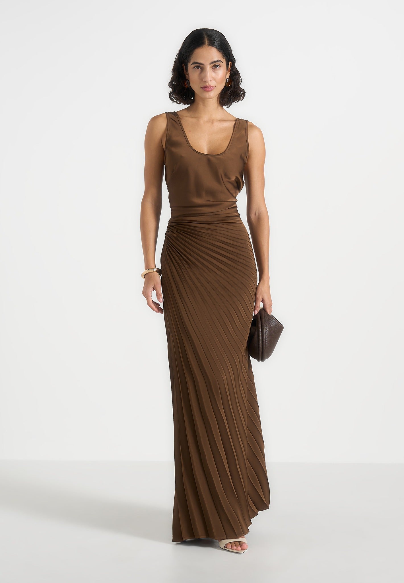 Fiona - Satin Fan Pleat Maxi Skirt - Brown 