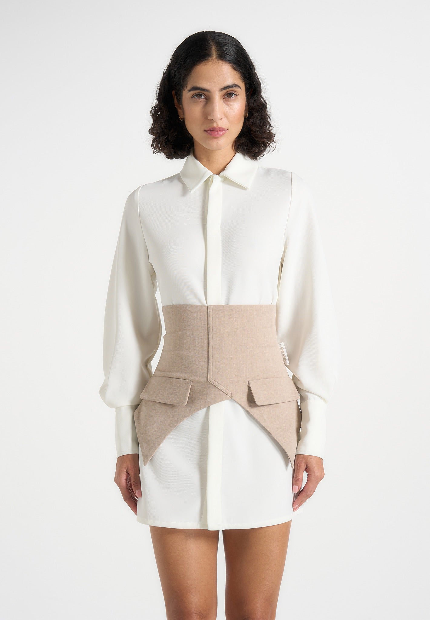 Women's Corset Overlay Shirt Mini Dress - White/Taupe - US 8 - Keira