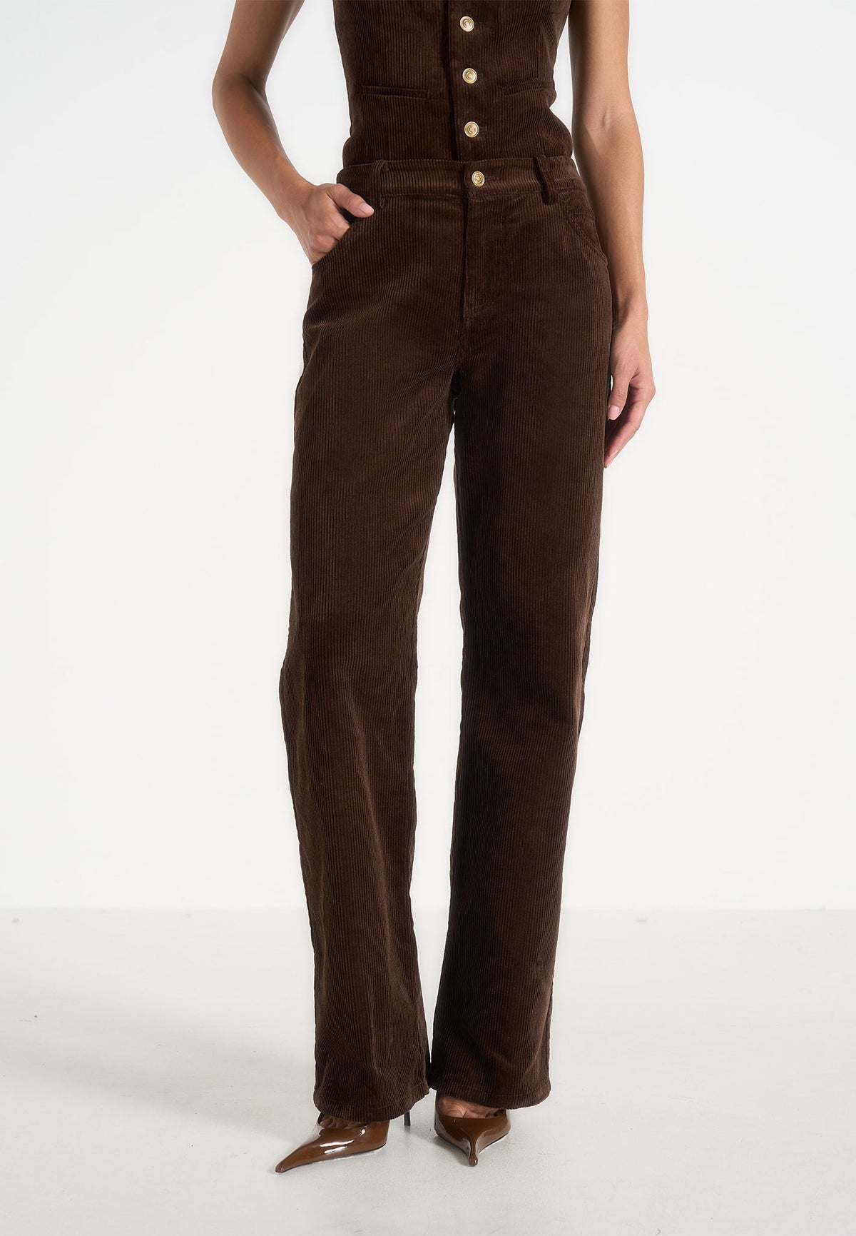 Clover - Mid-Rise  Corduroy Pants - Brown