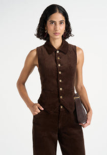 Nancy - Corduroy Cinched Collar Vest - Brown