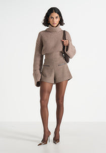 Tanya - High-Waisted Wool Shorts - Taupe