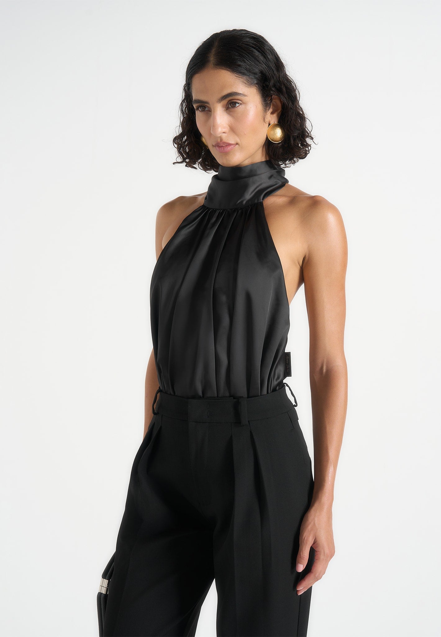 Phoebe - Satin Tie-Neck Blouson Open Back Top - Black