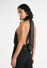 Phoebe - Satin Tie-Neck Blouson Open Back Top - Black