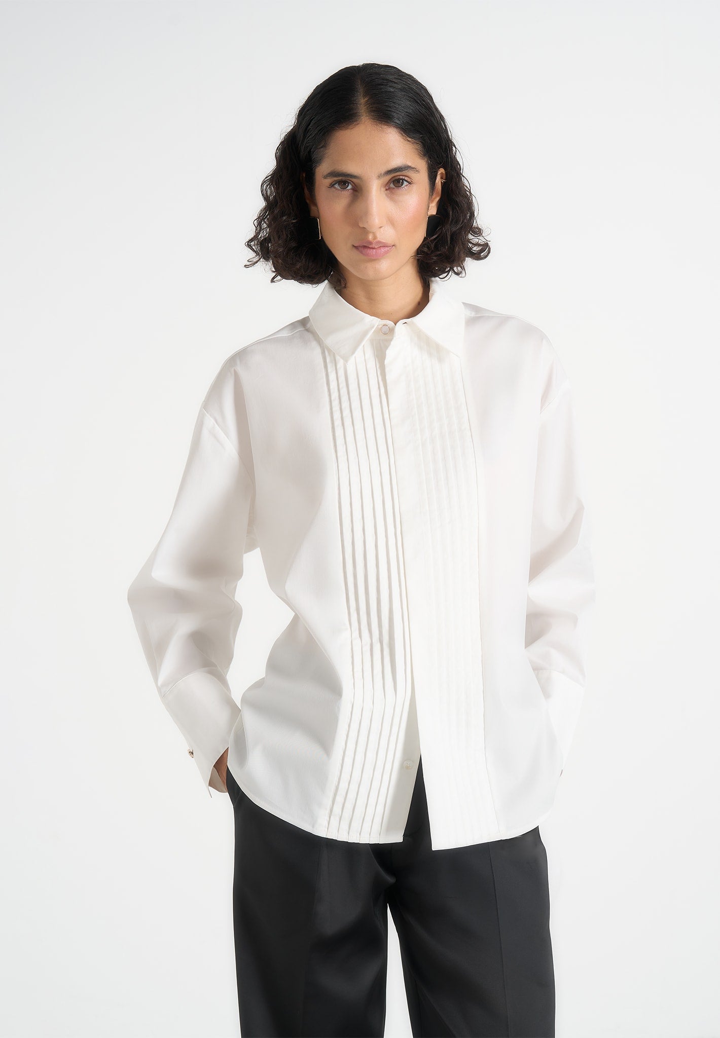 Hope - Pleated Tuxedo Cotton Shirt with Cinch Back – White